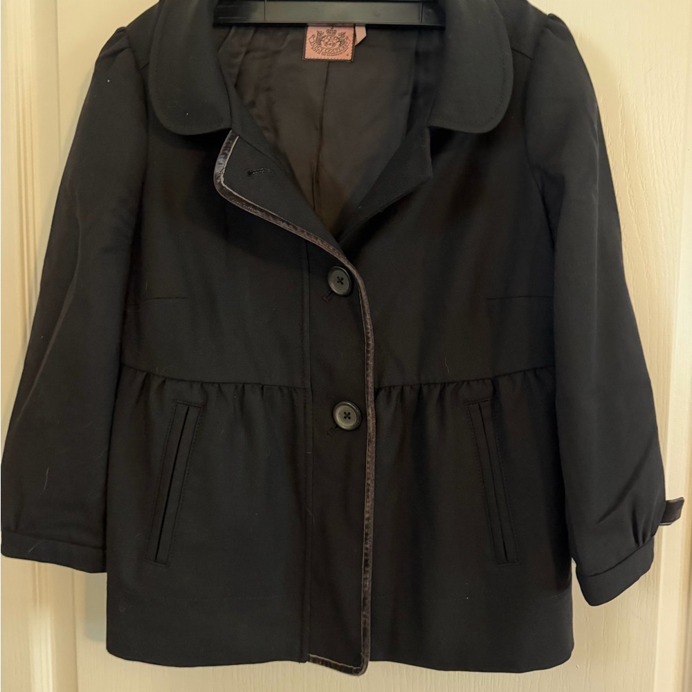 Vintage Juicy Couture Black Flare Pea Coat w/Grey Velvet Bows. Size 4